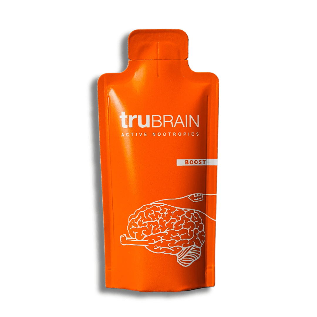 A hero showcase image of the TruBrain nootropic shot packaging. Fuel our brain with pure Nootropics for clean energy, motivation, & focus. Recycled paper bottle.