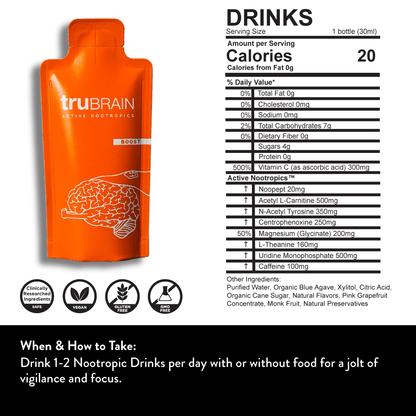 The TruBrain nootropic drinks nutrition facts label showcasing the ingredients and vegan, gluten free, and GMO free badges.